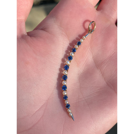 Vintage Solid 14k Yellow Gold Dark Blue Topaz Pearl Crescent Moon Charm