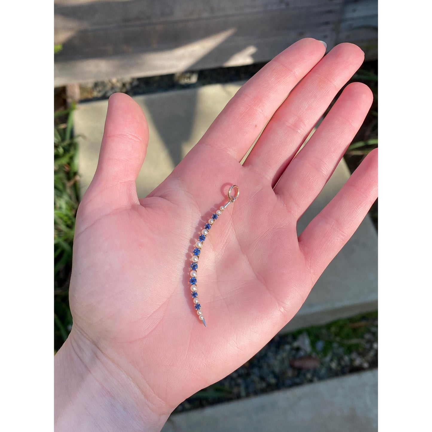 Vintage Solid 14k Yellow Gold Dark Blue Topaz Pearl Crescent Moon Charm