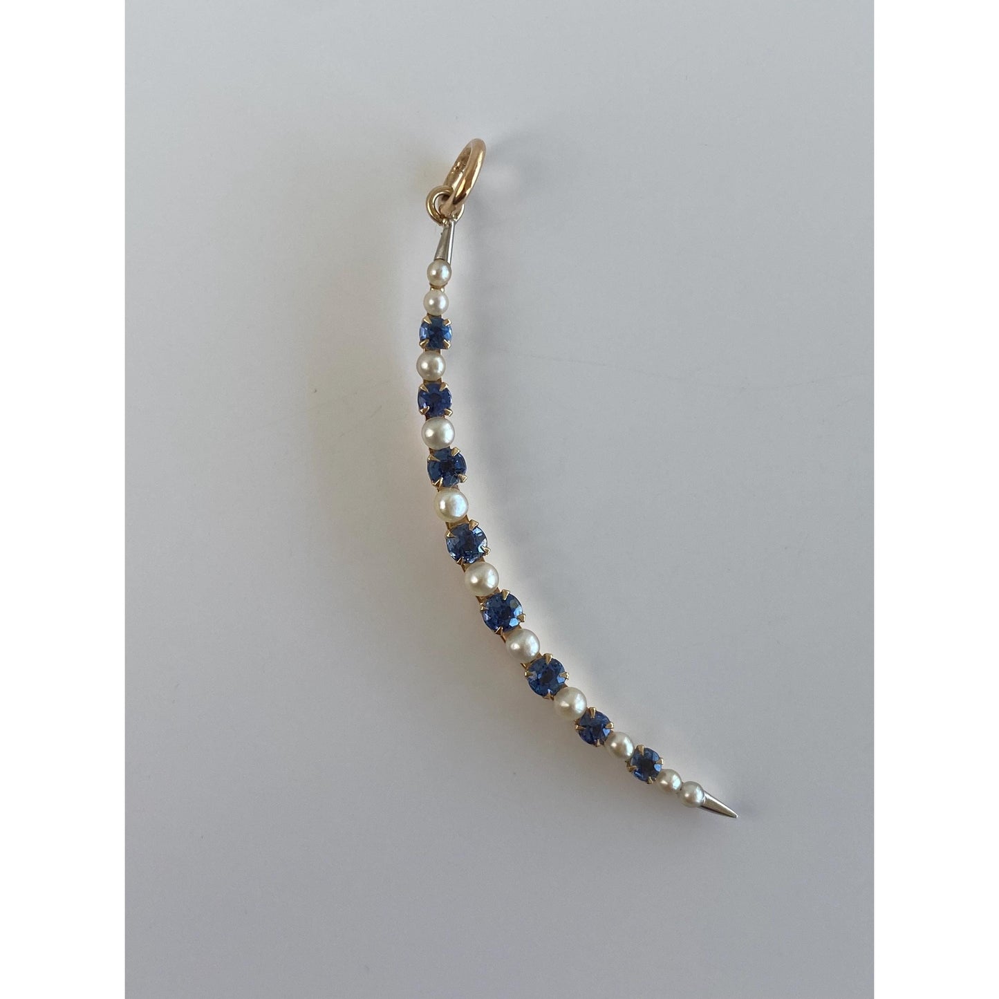 Vintage Solid 14k Yellow Gold Dark Blue Topaz Pearl Crescent Moon Charm