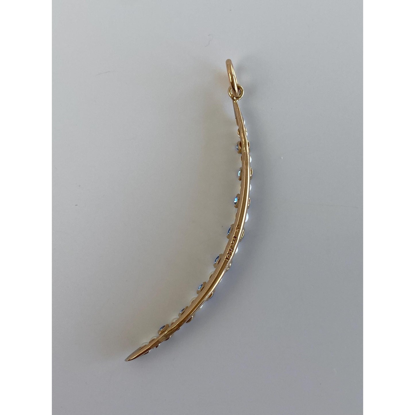 Vintage Solid 14k Yellow Gold Dark Blue Topaz Pearl Crescent Moon Charm