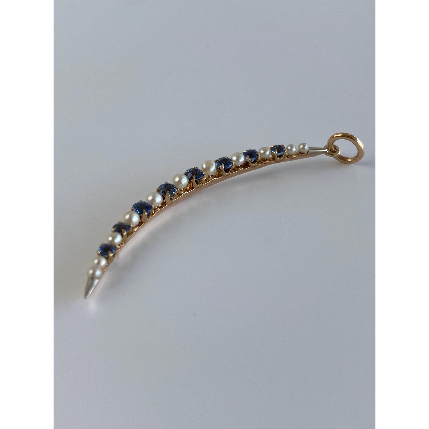 Vintage Solid 14k Yellow Gold Dark Blue Topaz Pearl Crescent Moon Charm