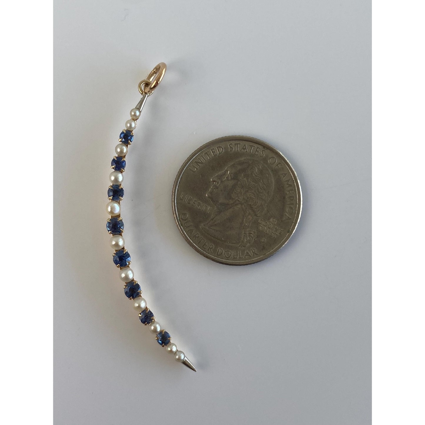 Vintage Solid 14k Yellow Gold Dark Blue Topaz Pearl Crescent Moon Charm