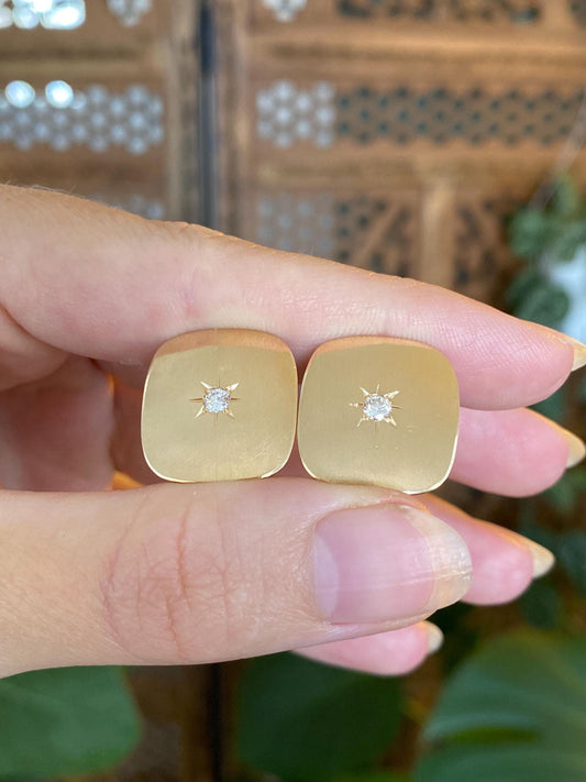 Vintage Solid 14k Yellow Gold Star Set Diamond Square Drop Earrings