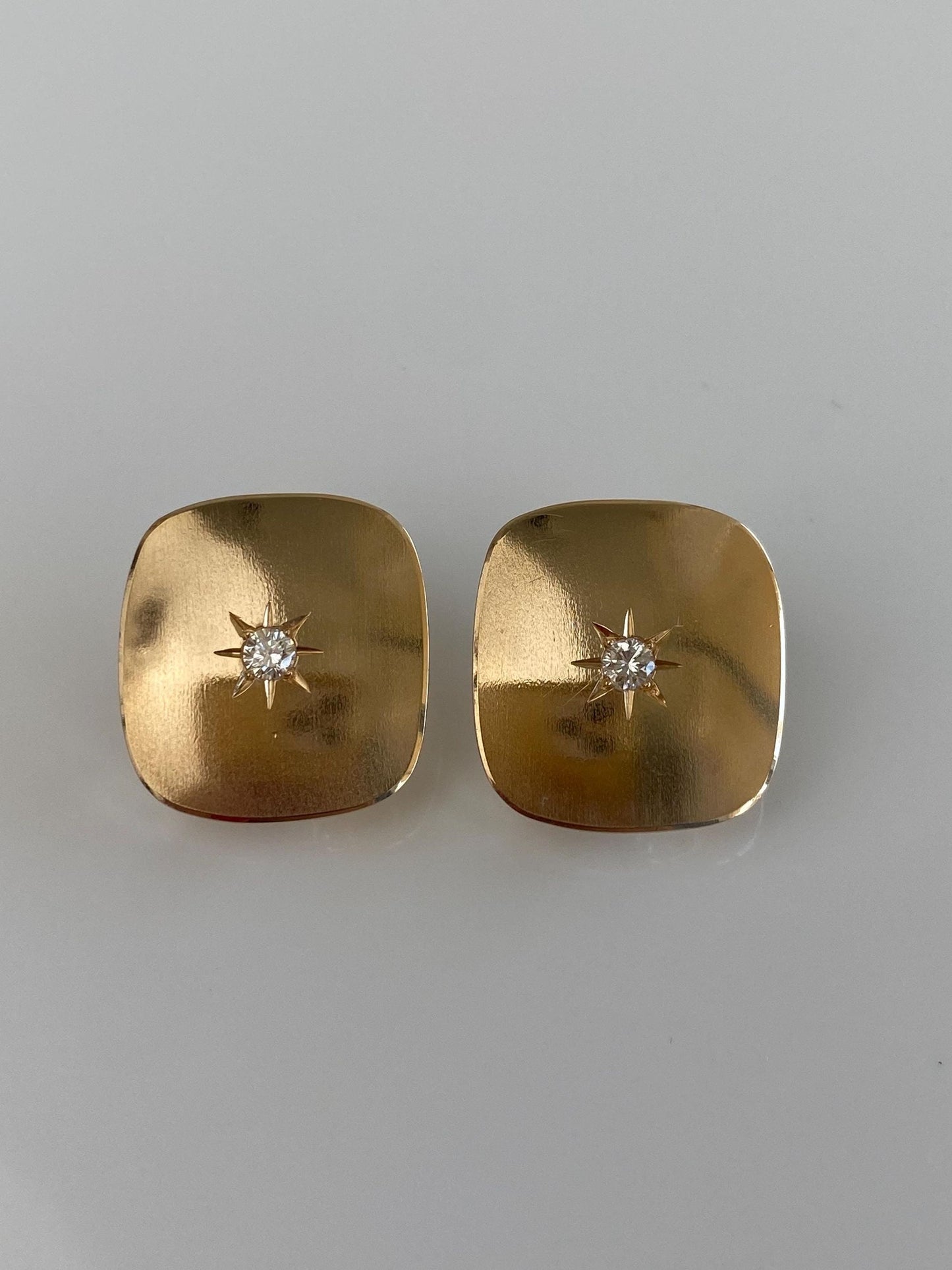 Vintage Solid 14k Yellow Gold Star Set Diamond Square Drop Earrings