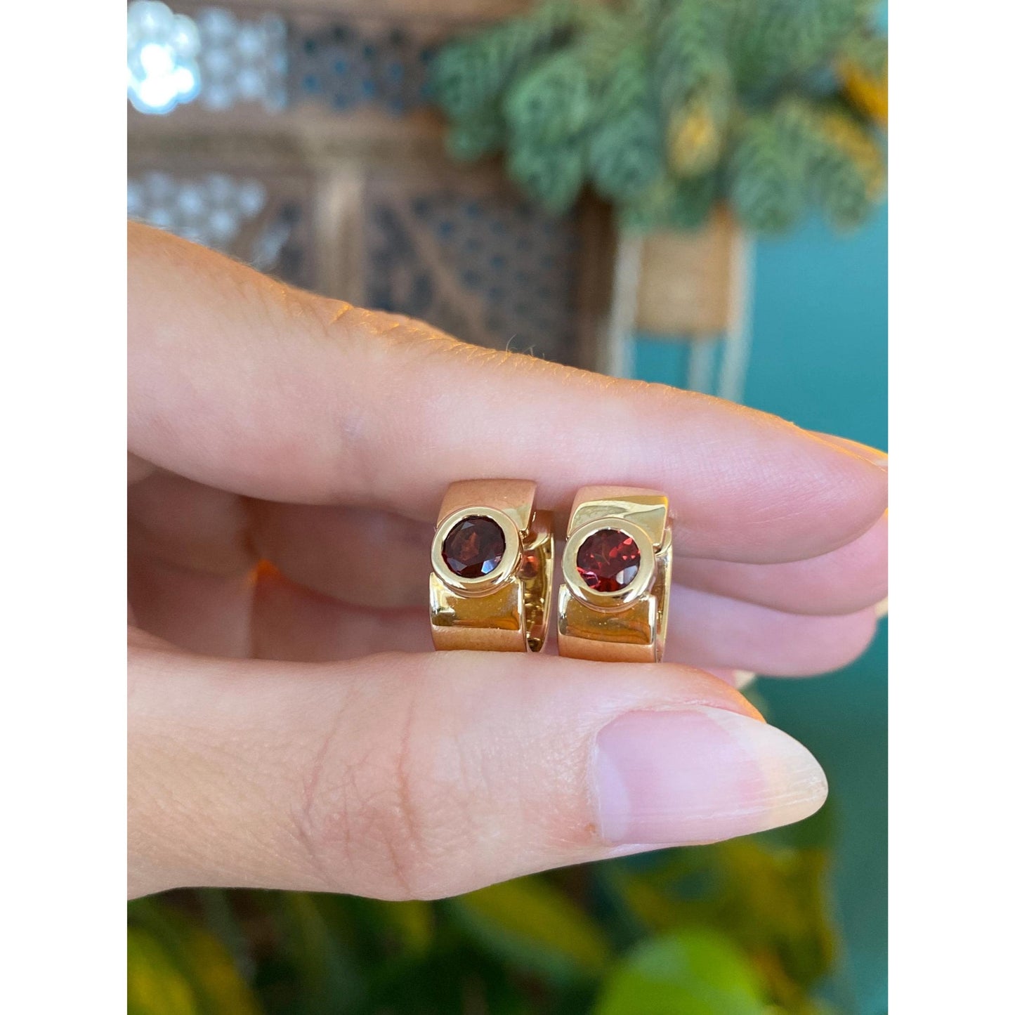 Vintage Solid 14k Yellow Gold Garnet Hoop Earrings