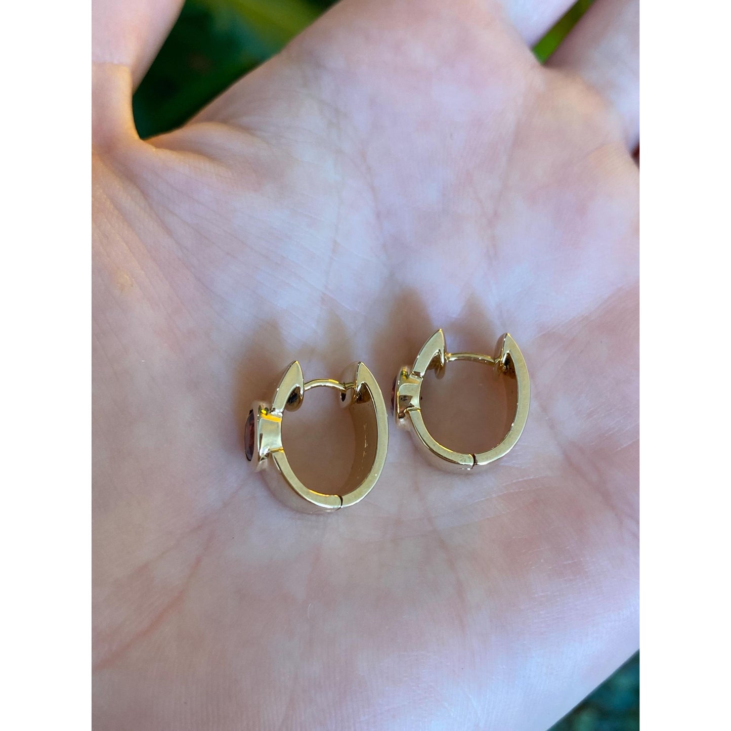 Vintage Solid 14k Yellow Gold Garnet Hoop Earrings