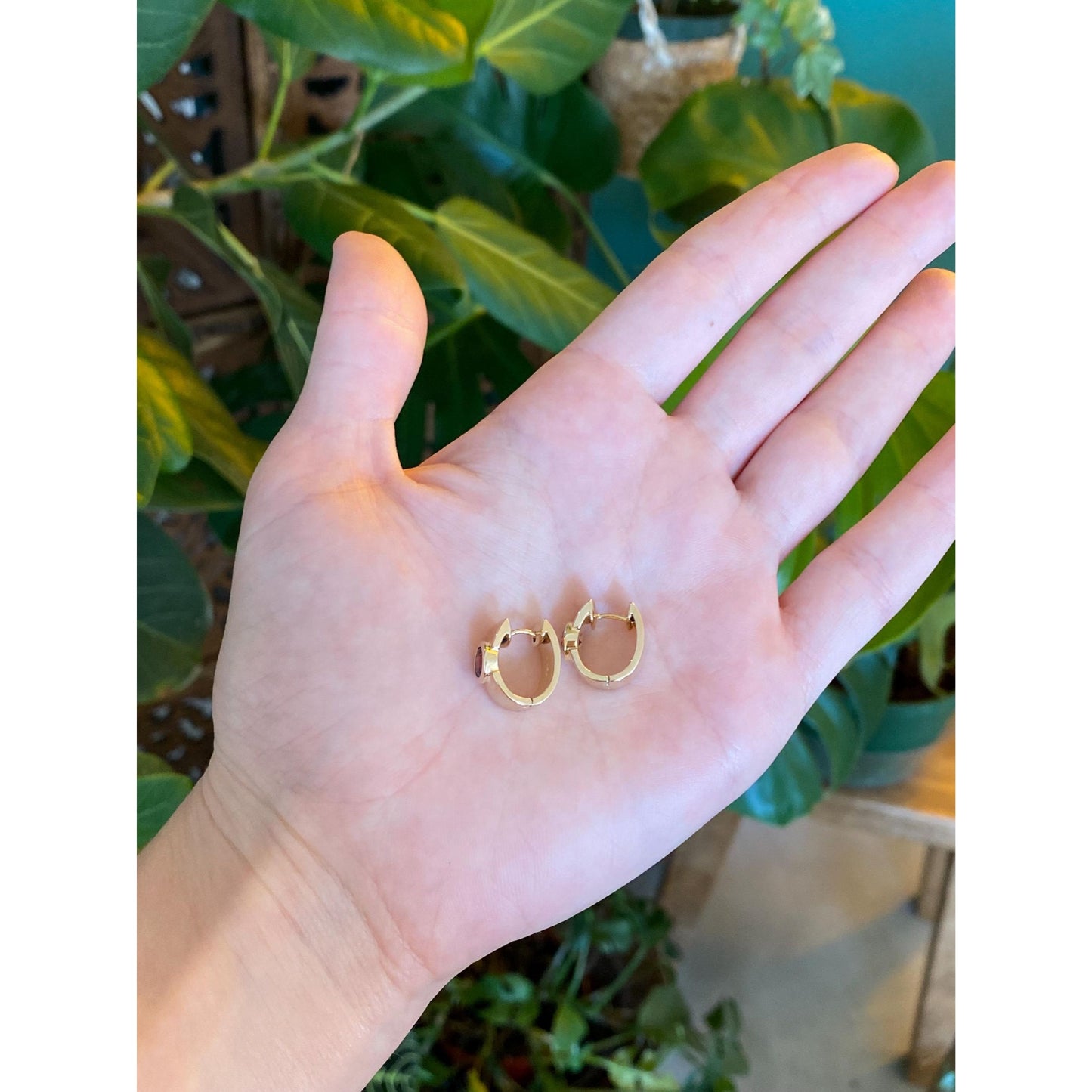 Vintage Solid 14k Yellow Gold Garnet Hoop Earrings