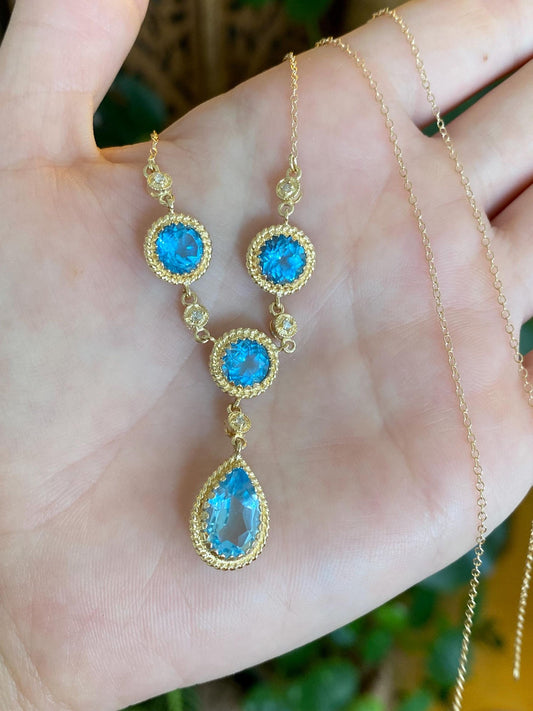 Vintage Solid 14k Yellow Gold Diamond Topaz Cable Chain Necklace - 20 inches