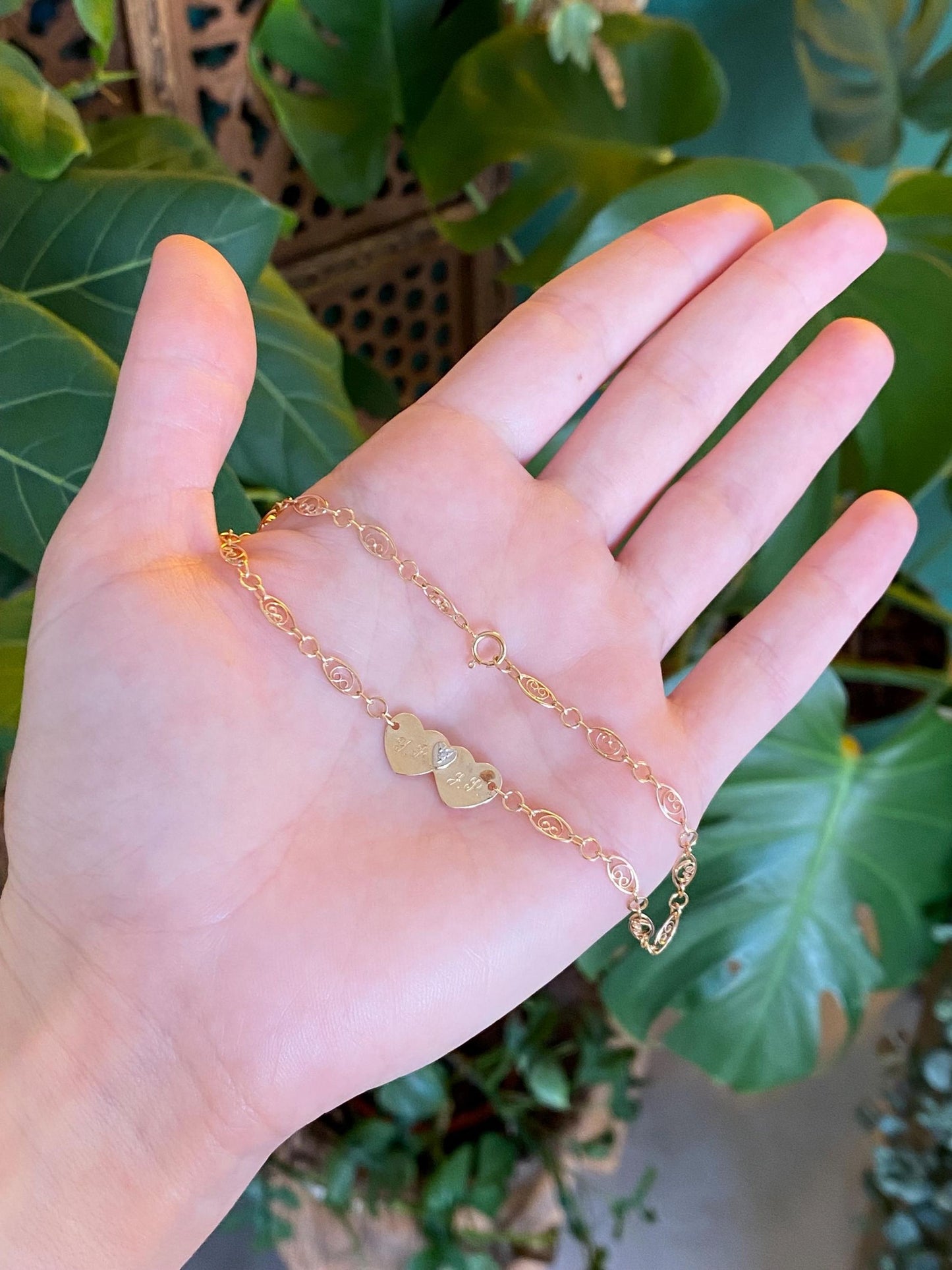 Vintage Solid 14k White & Yellow Gold Diamond Hearts Link Bracelet - 9.25 inches