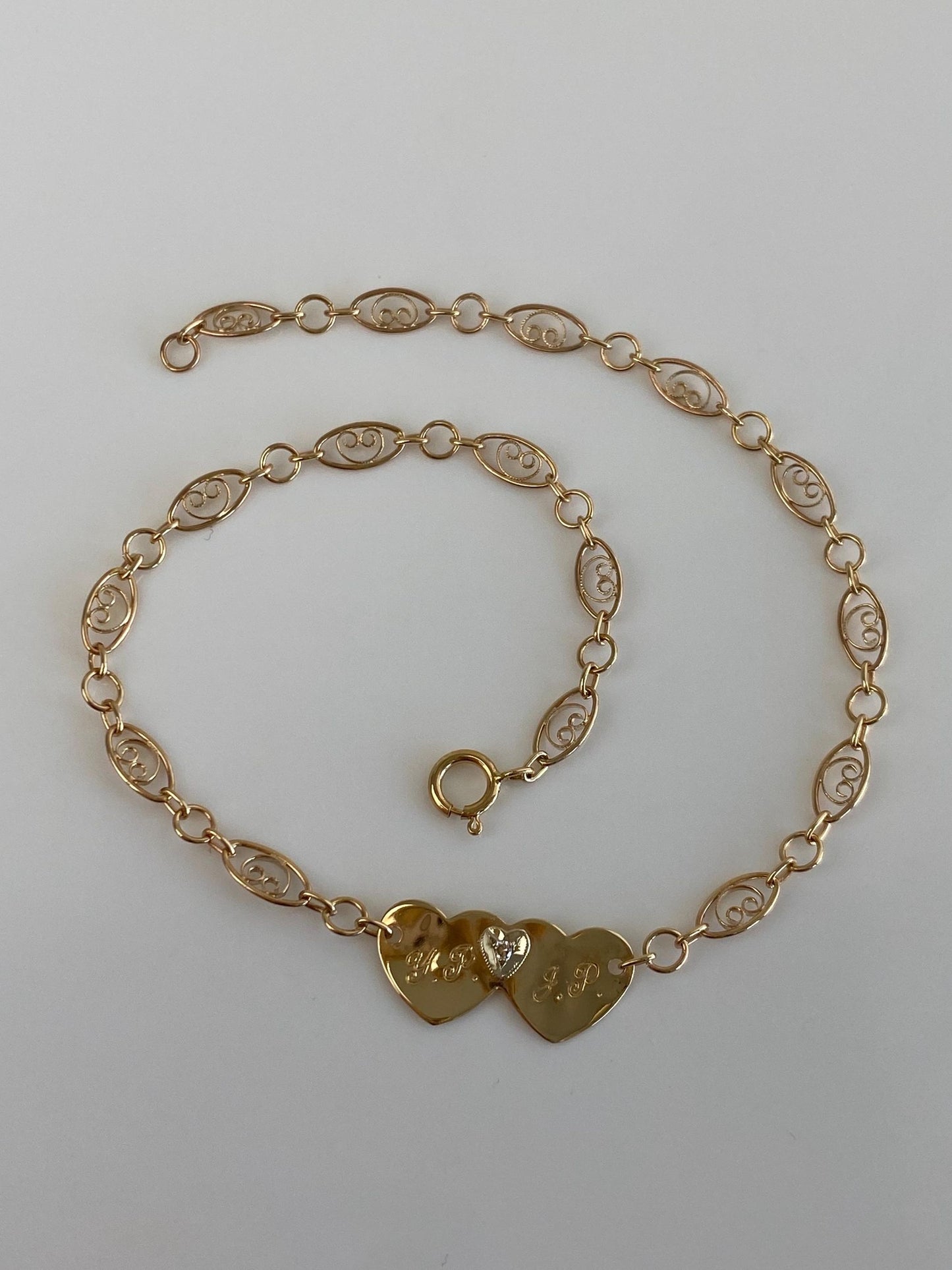 Vintage Solid 14k White & Yellow Gold Diamond Hearts Link Bracelet - 9.25 inches
