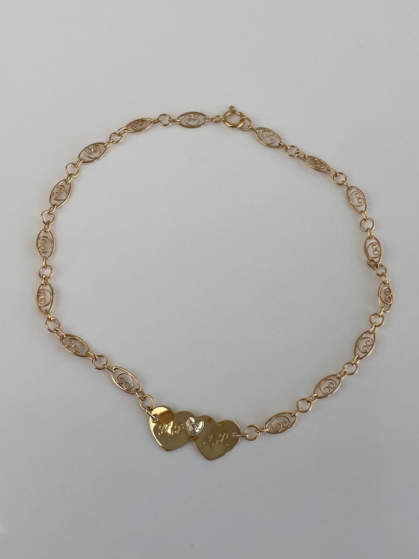 Vintage Solid 14k White & Yellow Gold Diamond Hearts Link Bracelet - 9.25 inches