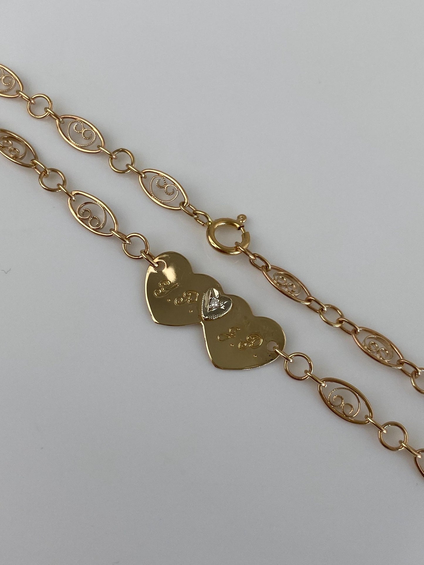 Vintage Solid 14k White & Yellow Gold Diamond Hearts Link Bracelet - 9.25 inches