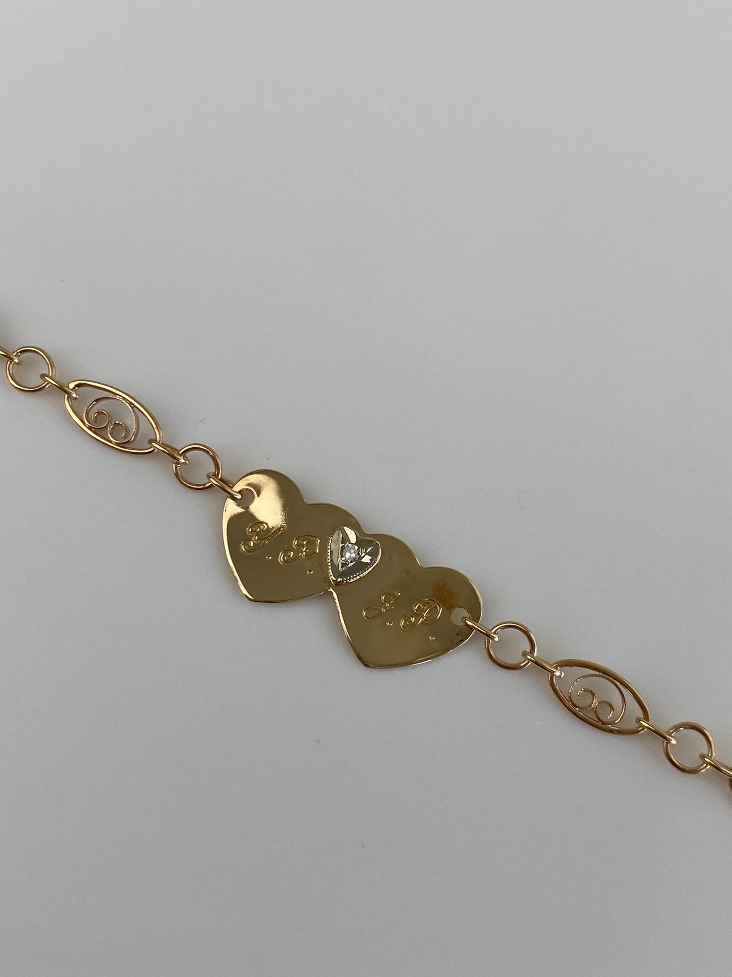Vintage Solid 14k White & Yellow Gold Diamond Hearts Link Bracelet - 9.25 inches