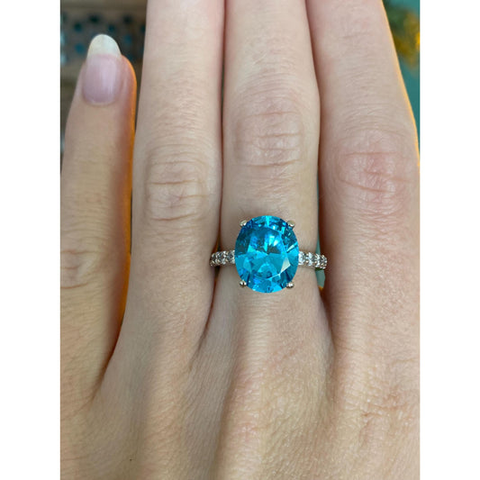 Solid 14k White Gold Diamond Clear &  Blue Cubic Zirconia Ring - Size 5.75