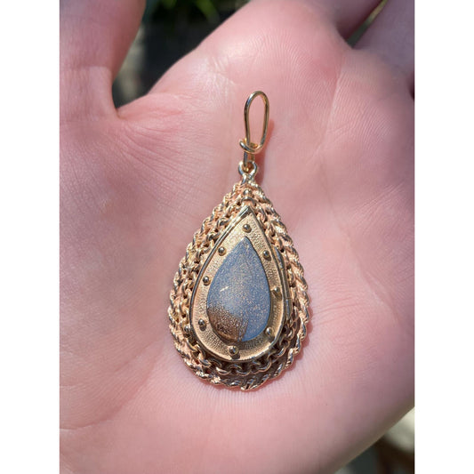 Vintage Solid 14k Yellow Gold Chain Border Teardrop Locket Charm