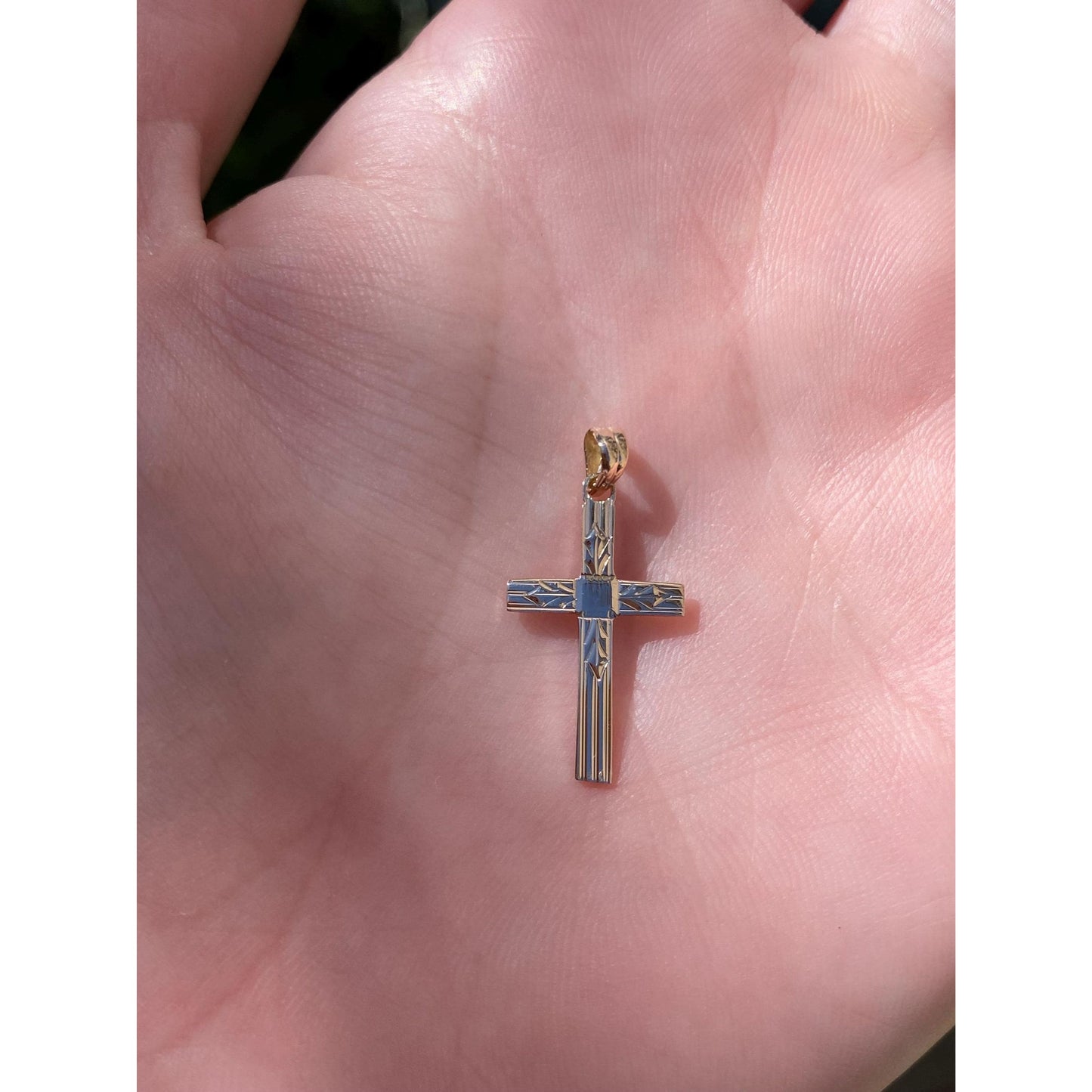 Vintage Solid 14k Yellow Gold Engraved Small Cross Charm