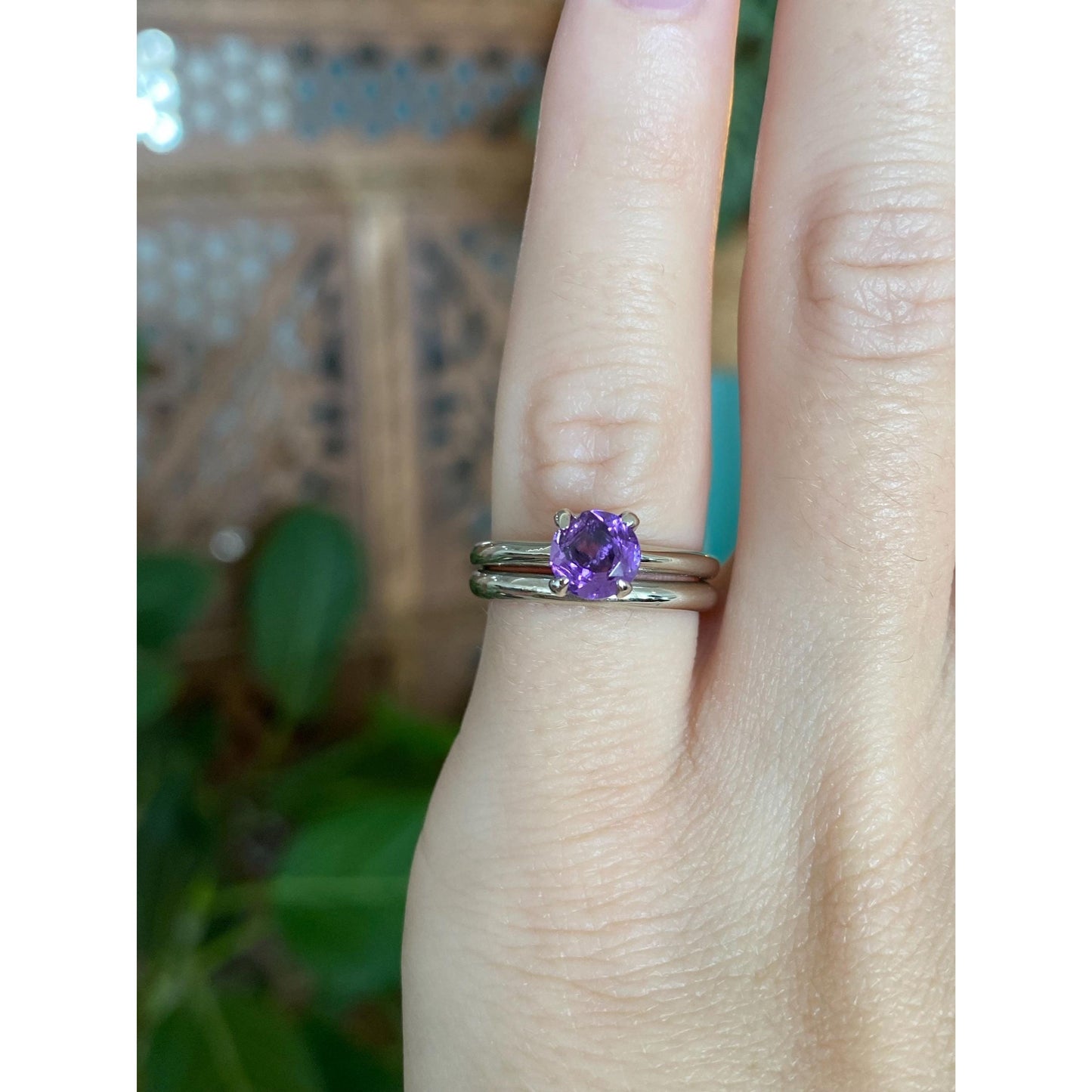 Vintage Solid 14k White Gold Amethyst Double Ring Band - Size 4.75