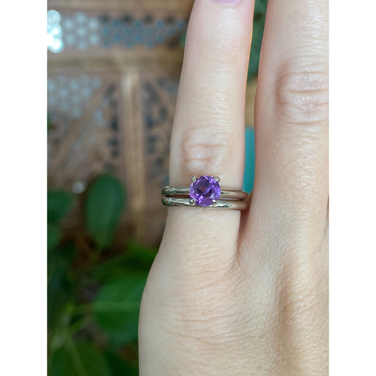 Vintage Solid 14k White Gold Amethyst Double Ring Band - Size 4.75