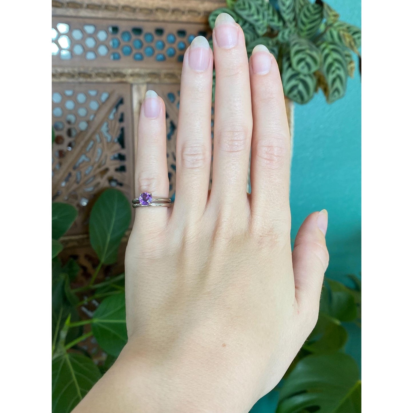 Vintage Solid 14k White Gold Amethyst Double Ring Band - Size 4.75