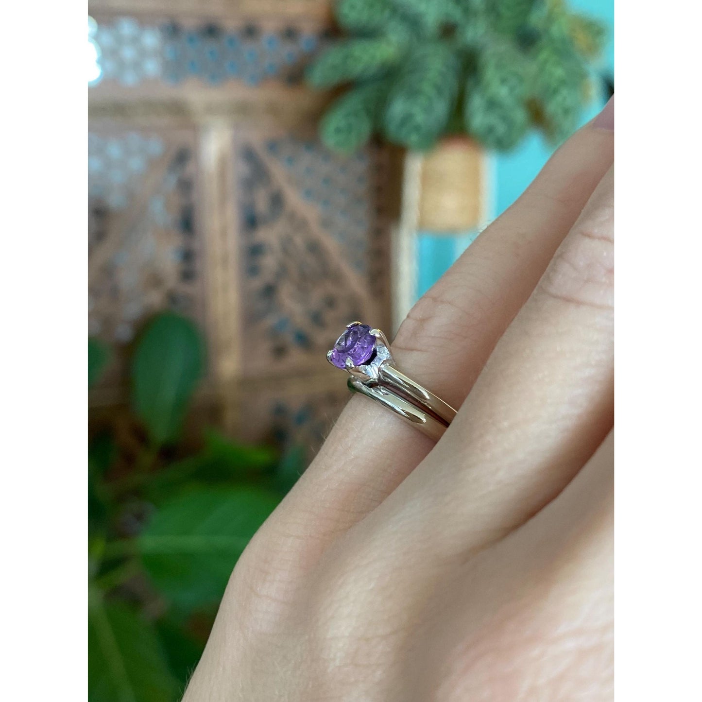 Vintage Solid 14k White Gold Amethyst Double Ring Band - Size 4.75