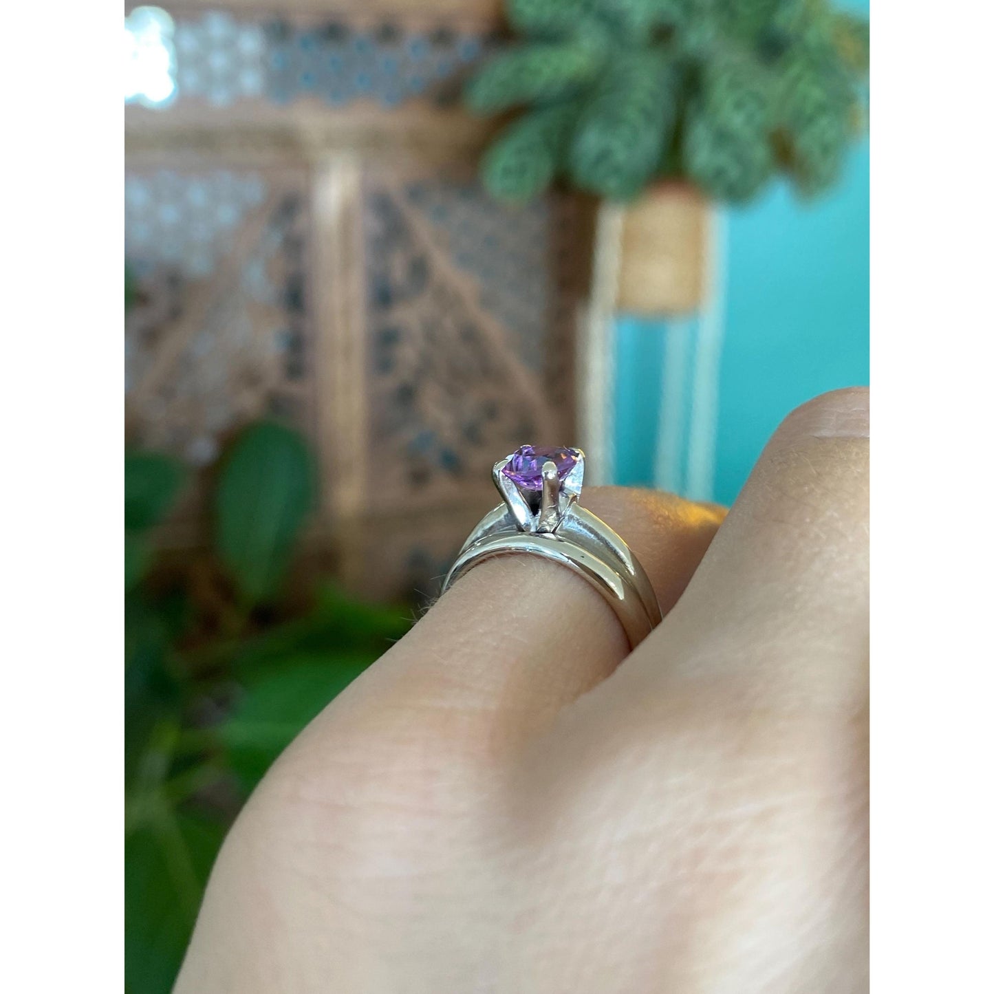 Vintage Solid 14k White Gold Amethyst Double Ring Band - Size 4.75
