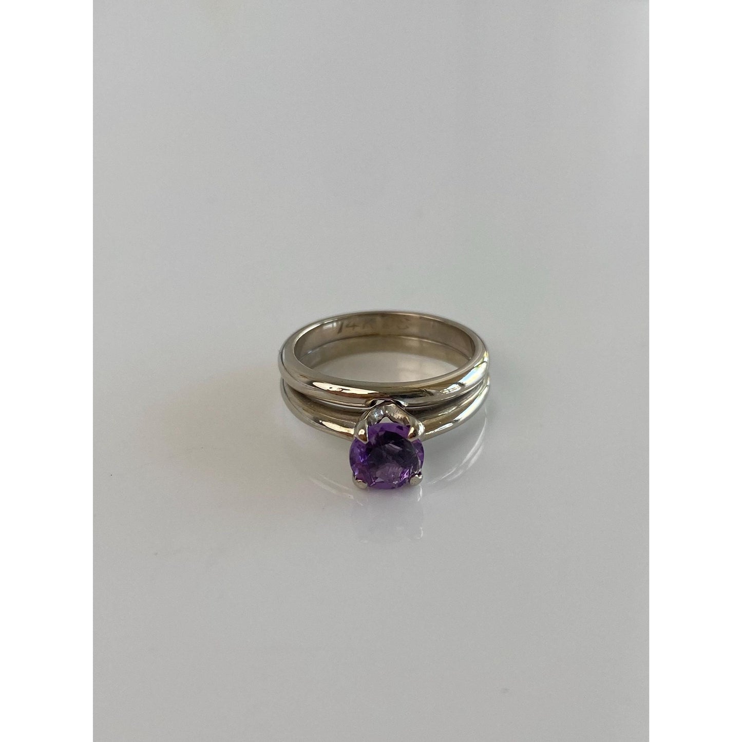 Vintage Solid 14k White Gold Amethyst Double Ring Band - Size 4.75