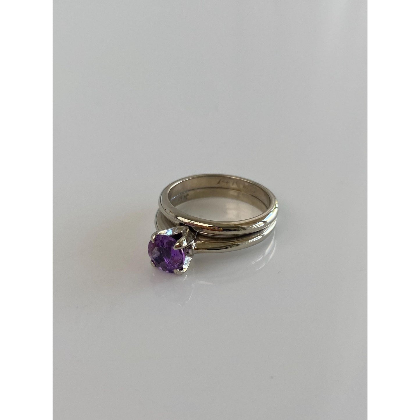 Vintage Solid 14k White Gold Amethyst Double Ring Band - Size 4.75