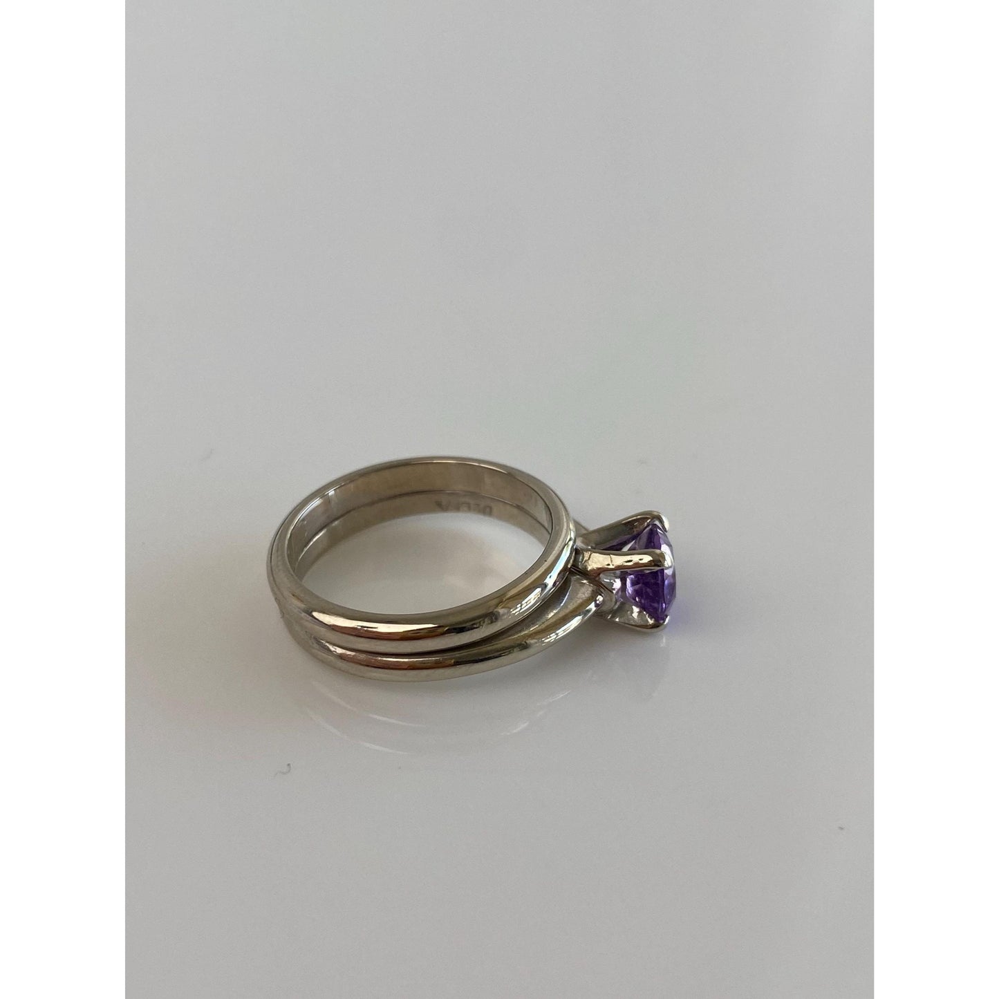 Vintage Solid 14k White Gold Amethyst Double Ring Band - Size 4.75