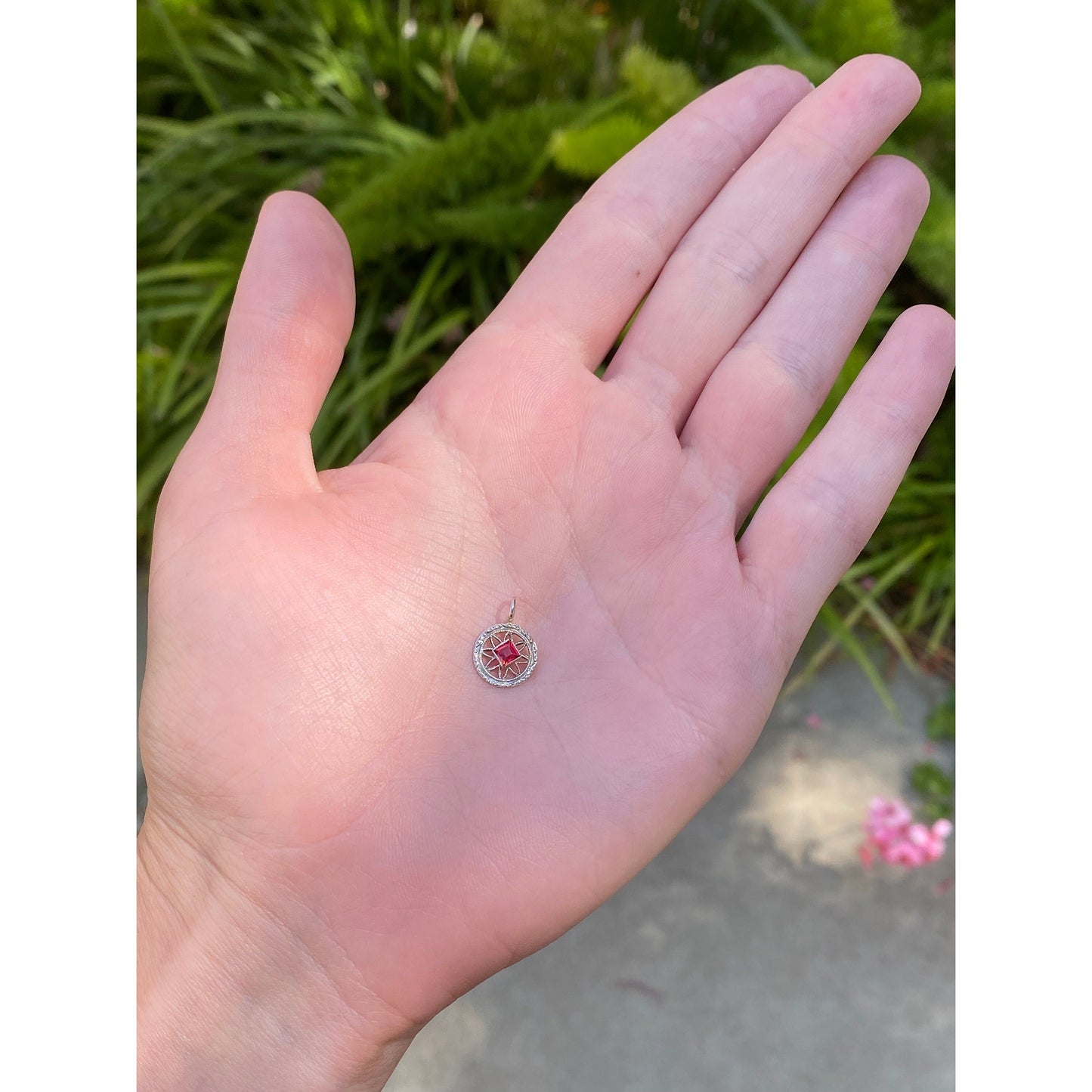 Vintage Solid 14k White Gold Red Cubic Zirconia Charm