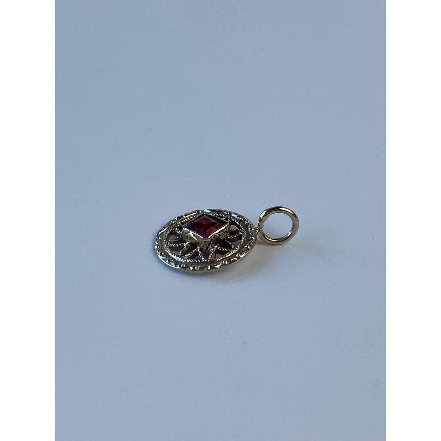 Vintage Solid 14k White Gold Red Cubic Zirconia Charm