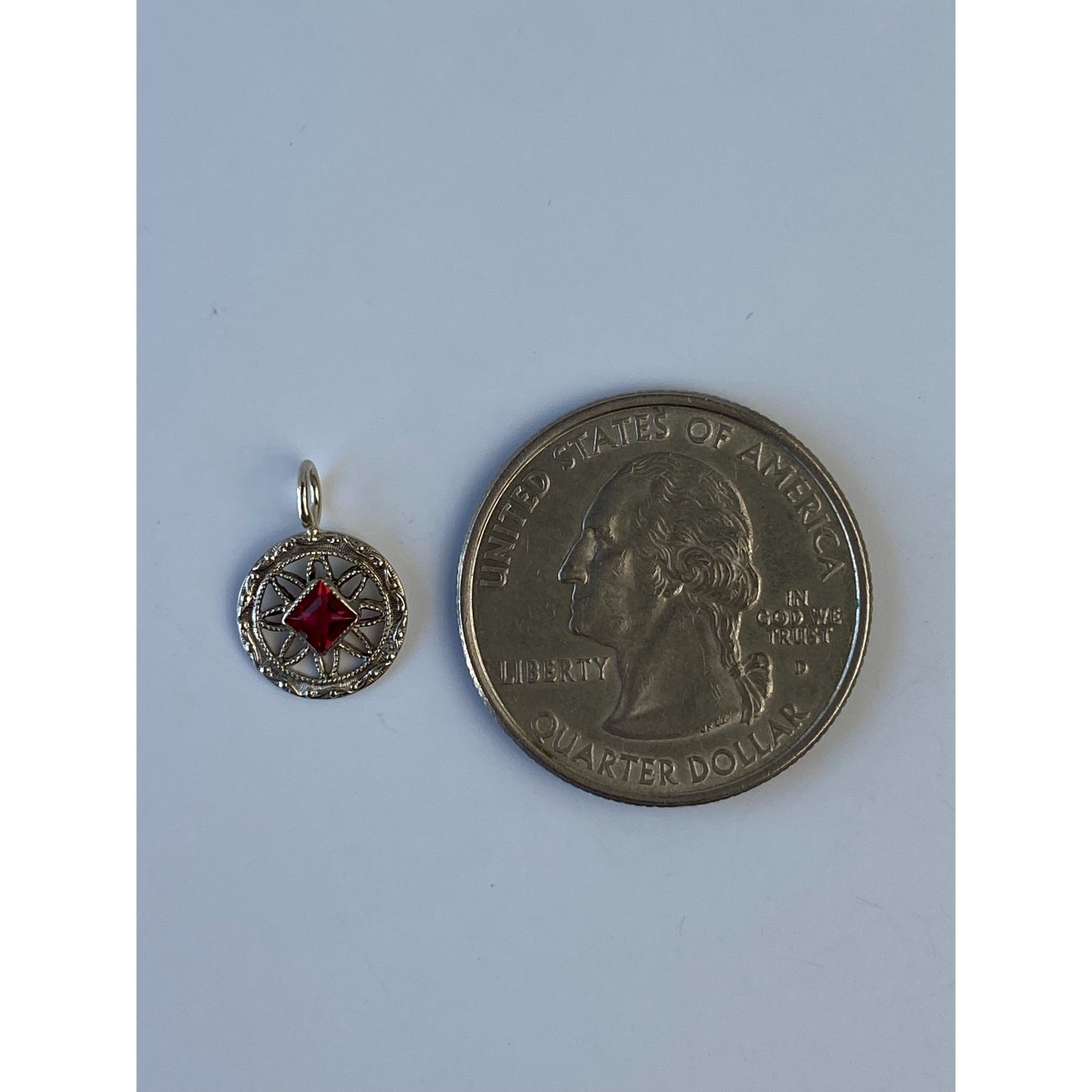Vintage Solid 14k White Gold Red Cubic Zirconia Charm