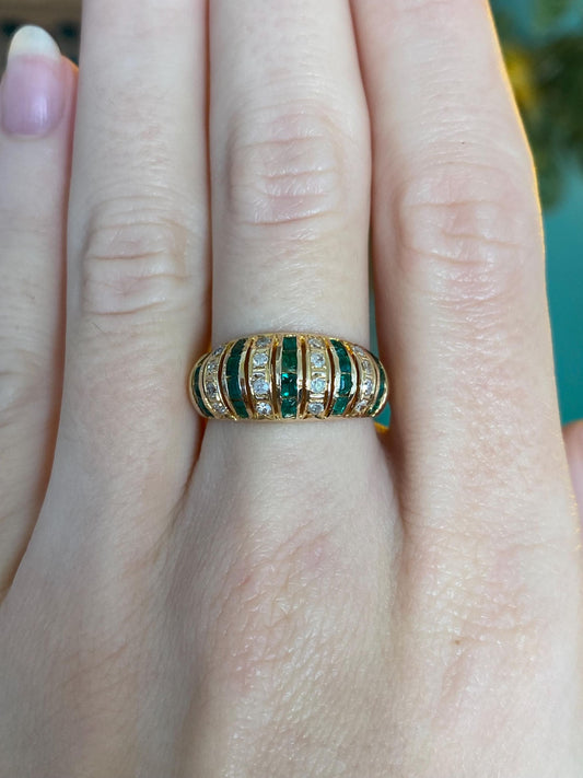 Vintage Solid 10k Yellow Gold Diamond Emerald Ring Band - Size 6.5