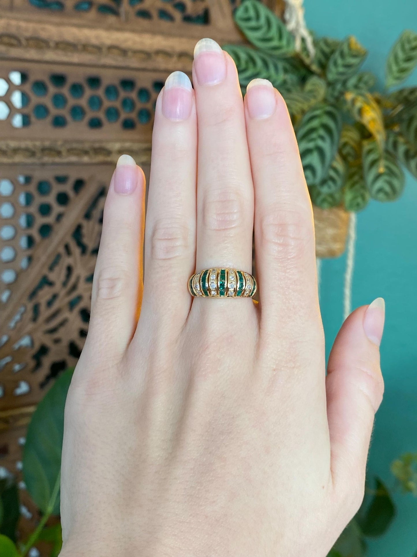 Vintage Solid 10k Yellow Gold Diamond Emerald Ring Band - Size 6.5