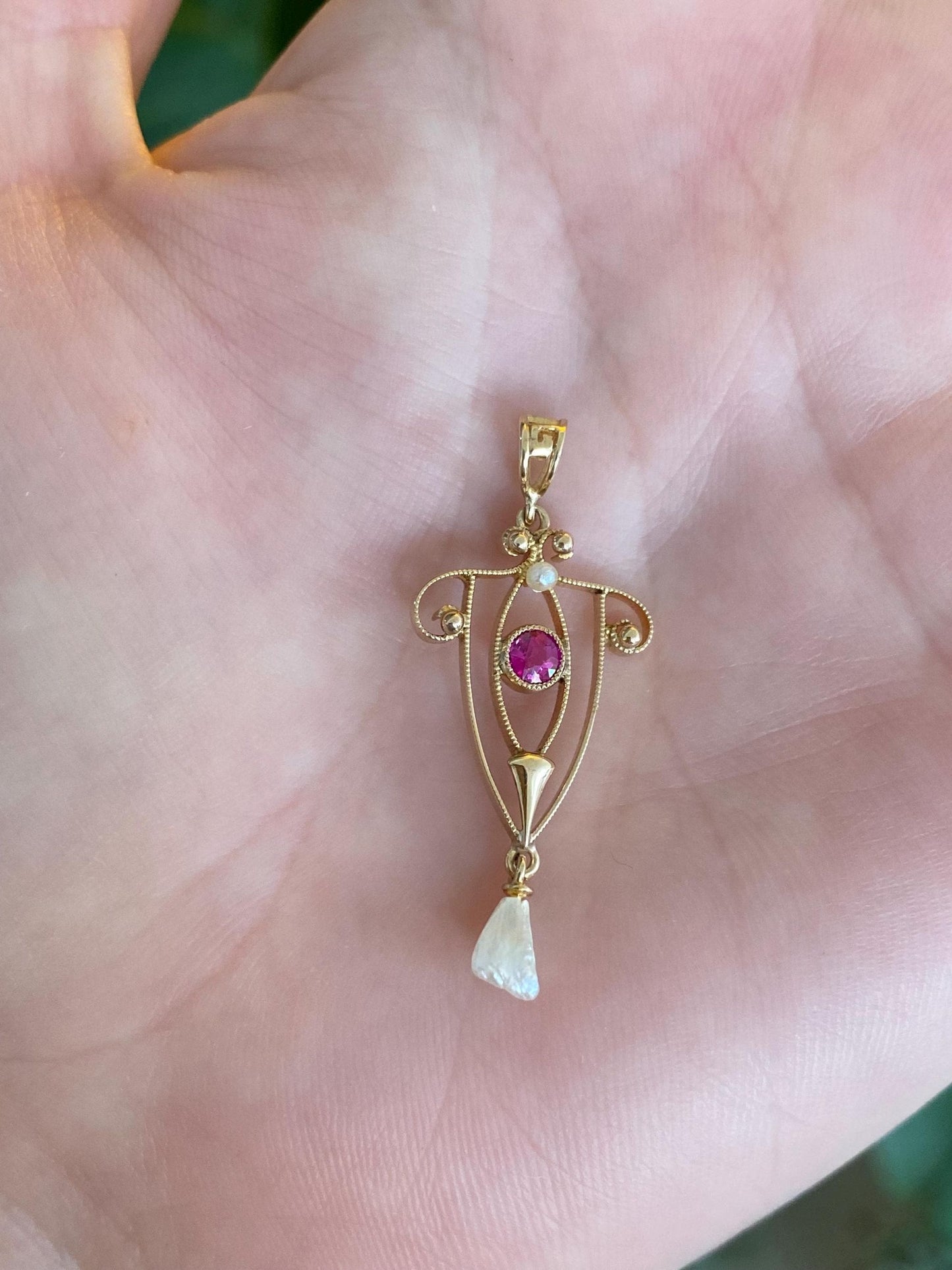 Vintage Solid 10k Yellow Gold Pink Sapphire Pearl Dangle Charm
