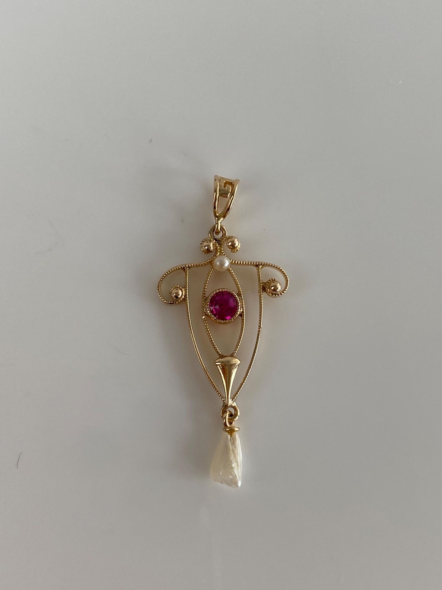 Vintage Solid 10k Yellow Gold Pink Sapphire Pearl Dangle Charm