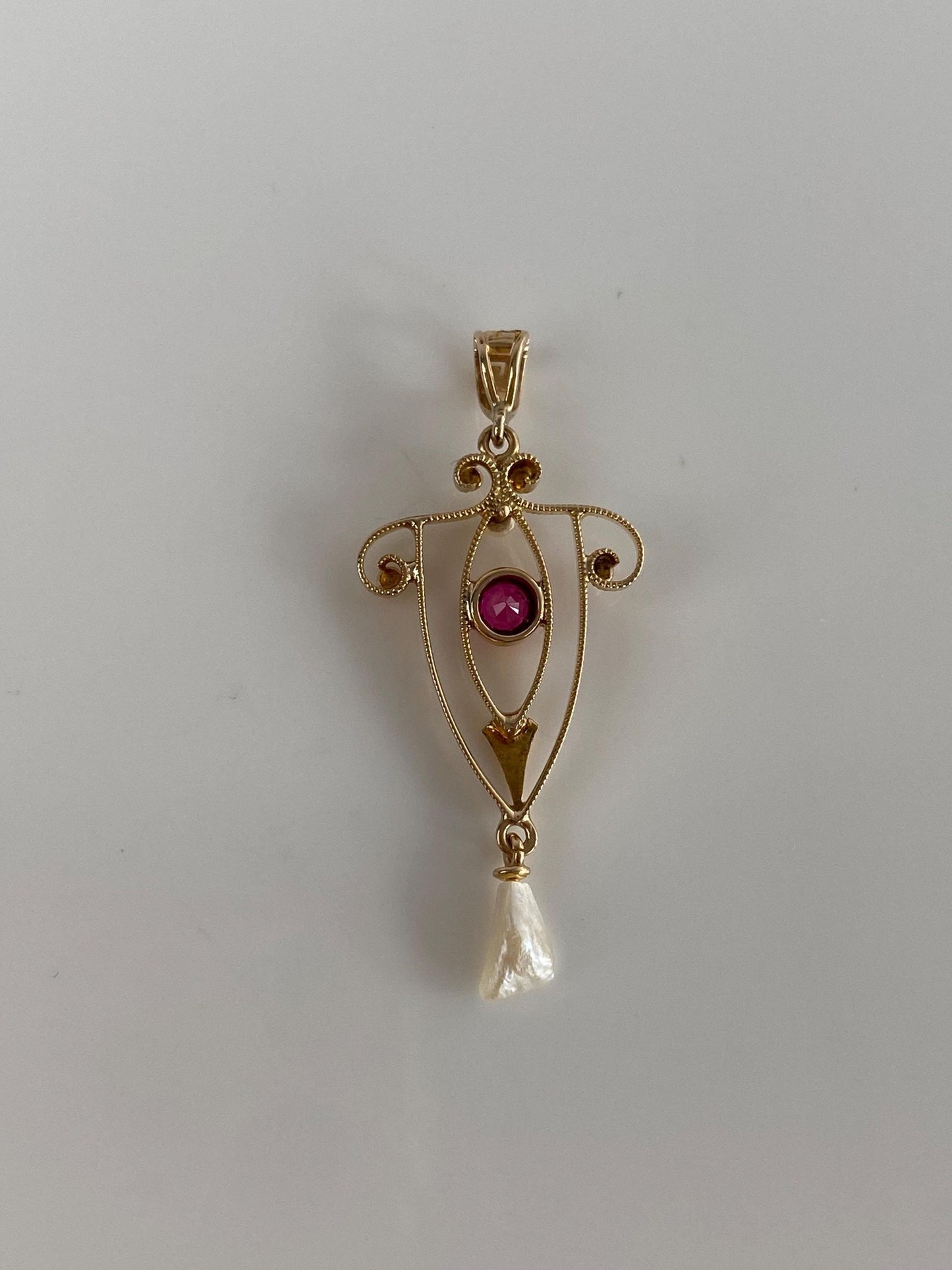 Vintage Solid 10k Yellow Gold Pink Sapphire Pearl Dangle Charm