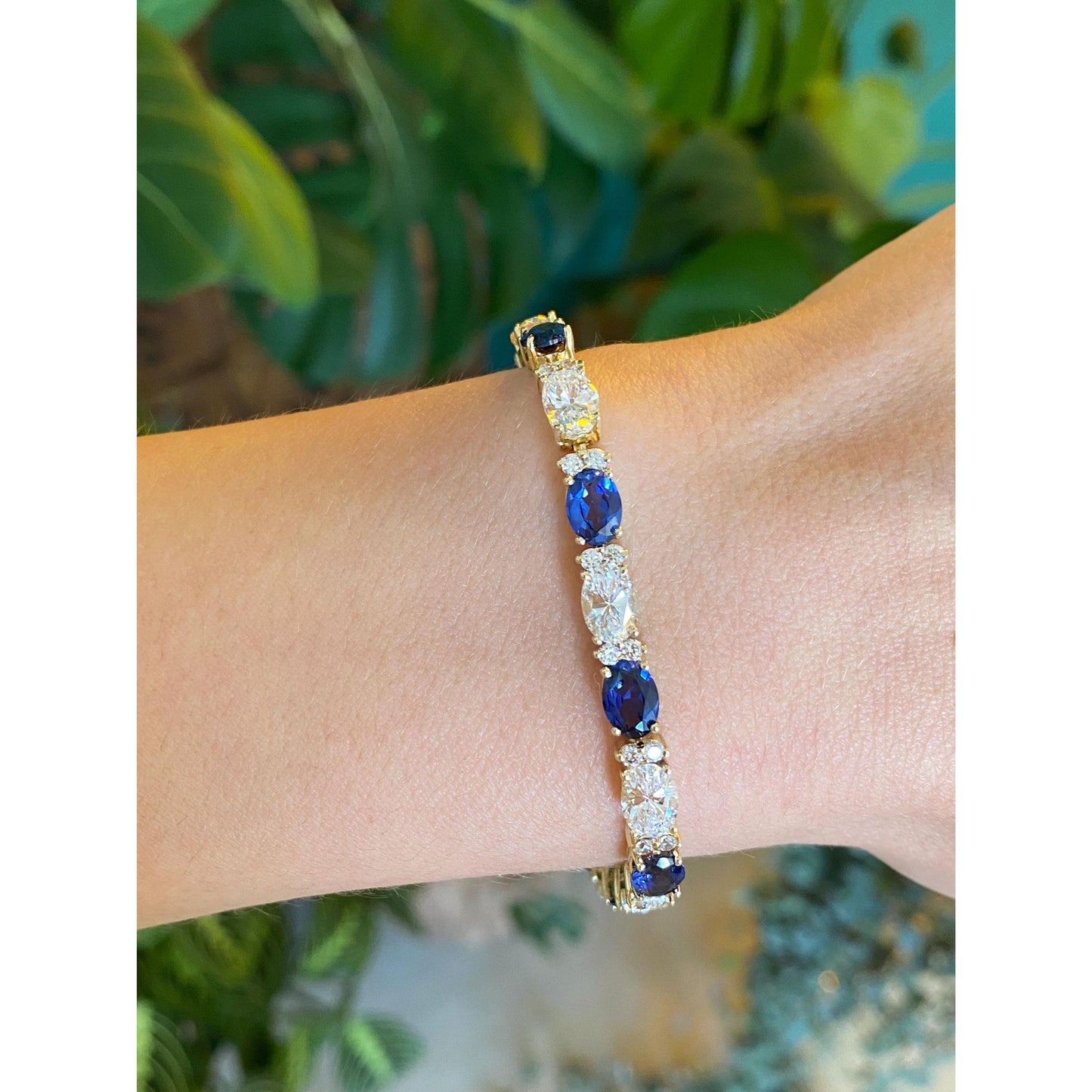 Solid 14k Yellow Gold Clear Cubic Zirconia Blue Sapphire Bracelet - 6.75 inches