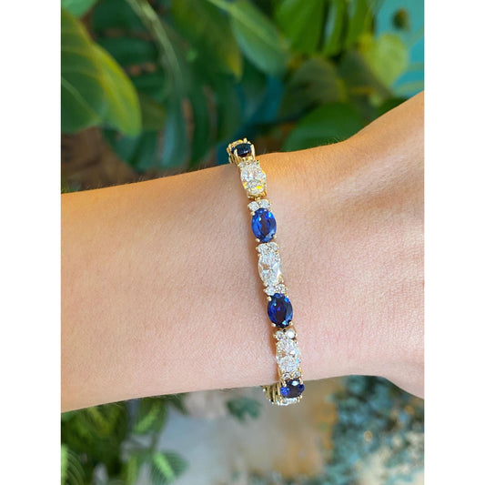 Solid 14k Yellow Gold Clear Cubic Zirconia Blue Sapphire Bracelet - 6.75 inches