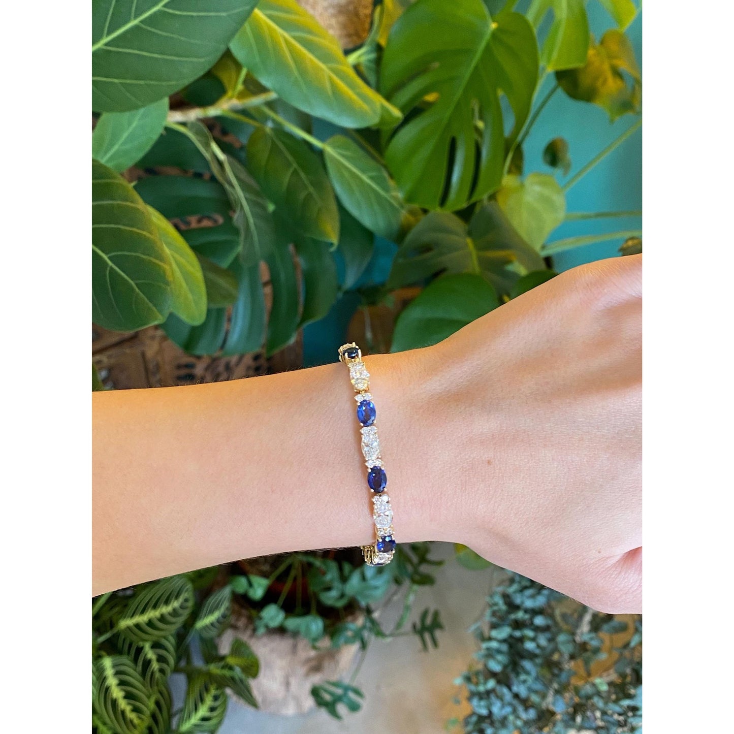 Solid 14k Yellow Gold Clear Cubic Zirconia Blue Sapphire Bracelet - 6.75 inches