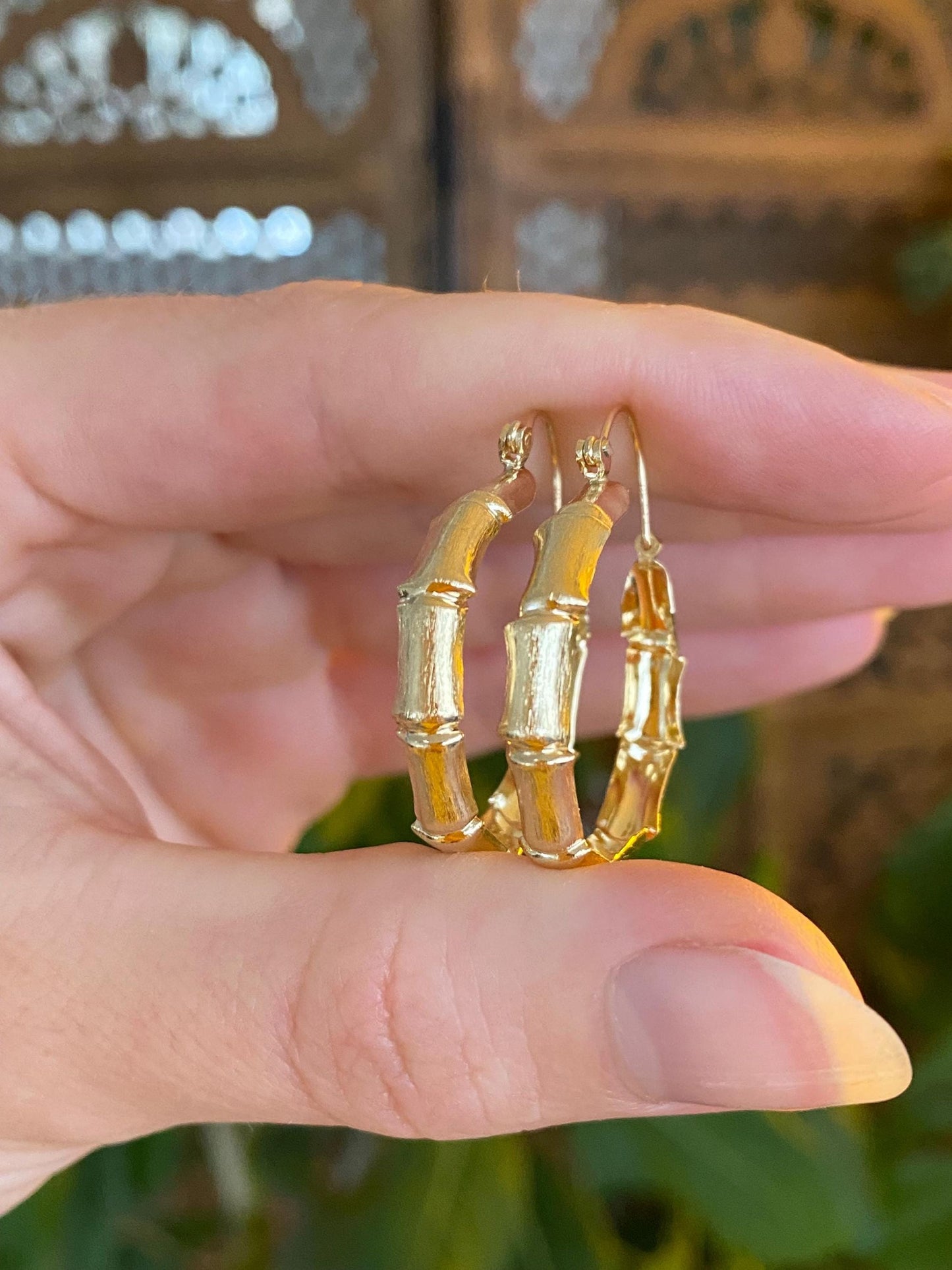 Vintage Solid 14k Yellow Gold Bamboo Hoop Earrings