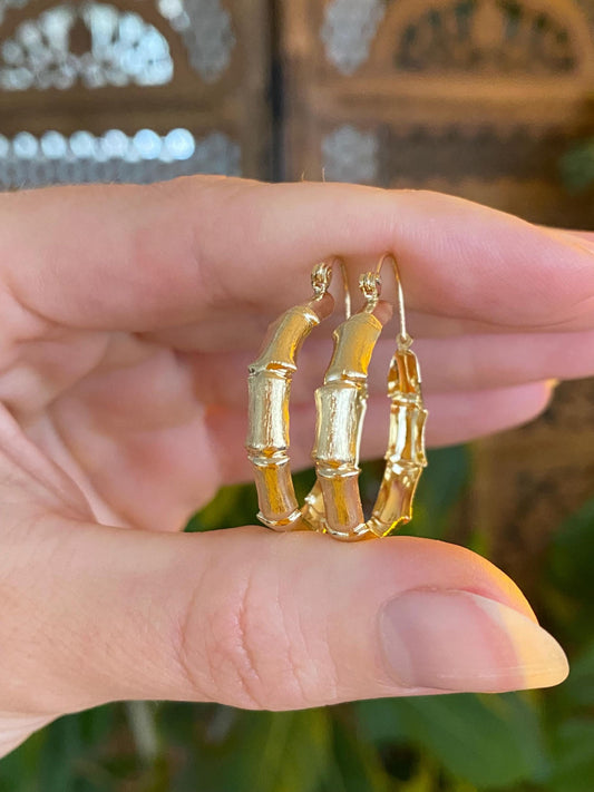 Vintage Solid 14k Yellow Gold Bamboo Hoop Earrings