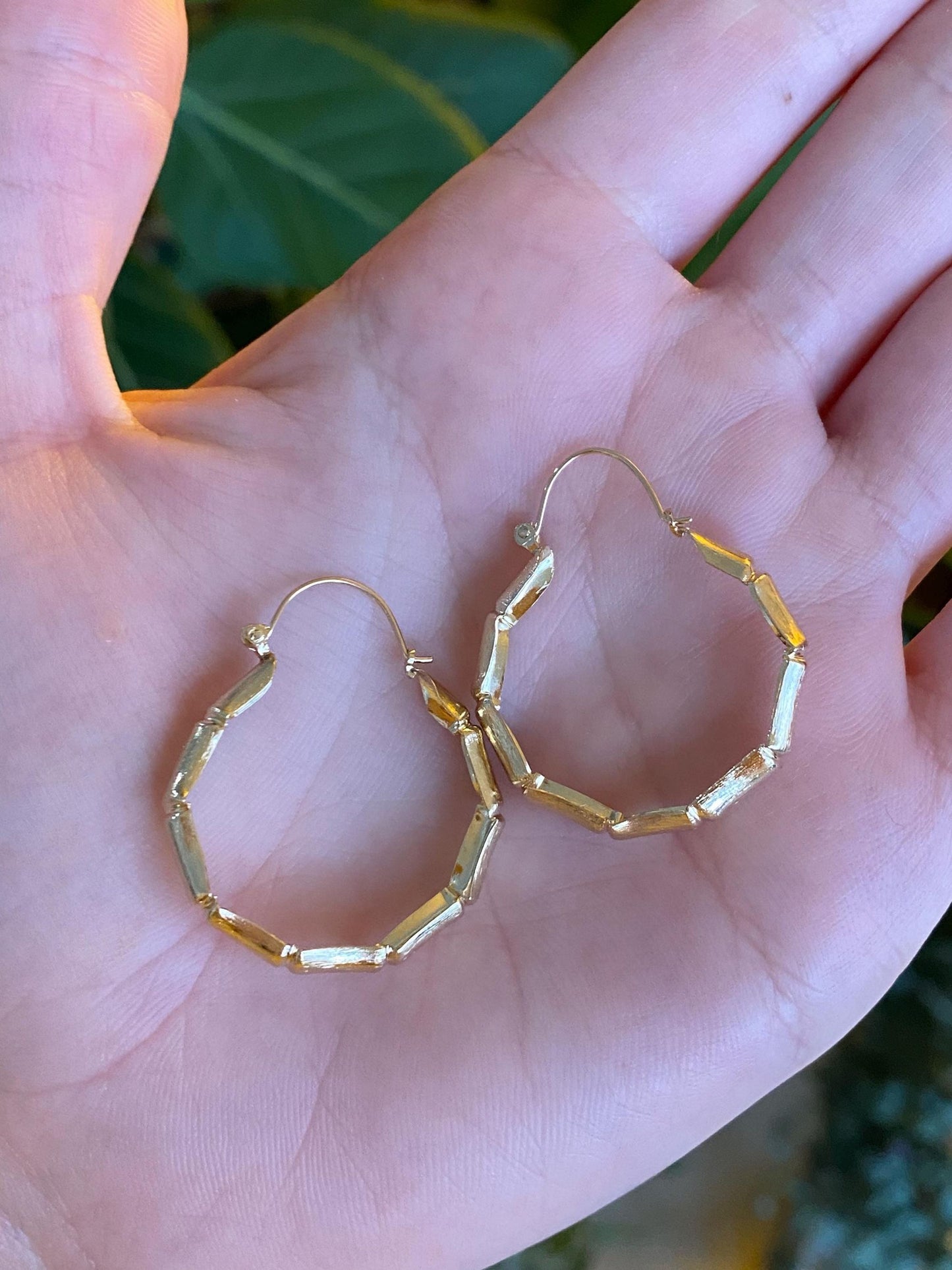 Vintage Solid 14k Yellow Gold Bamboo Hoop Earrings