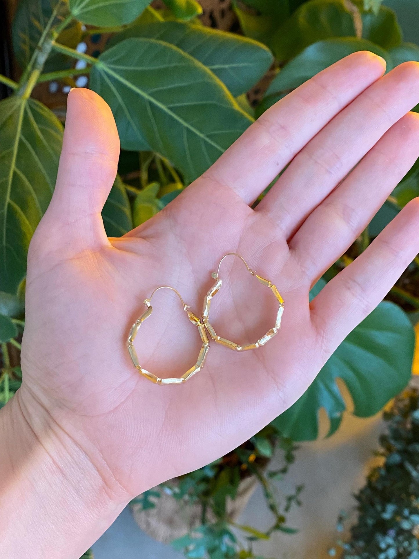 Vintage Solid 14k Yellow Gold Bamboo Hoop Earrings