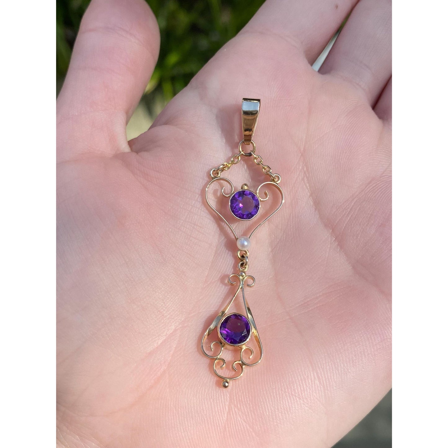 Vintage Solid 14k Yellow Gold Amethyst Pearl Dangle Charm