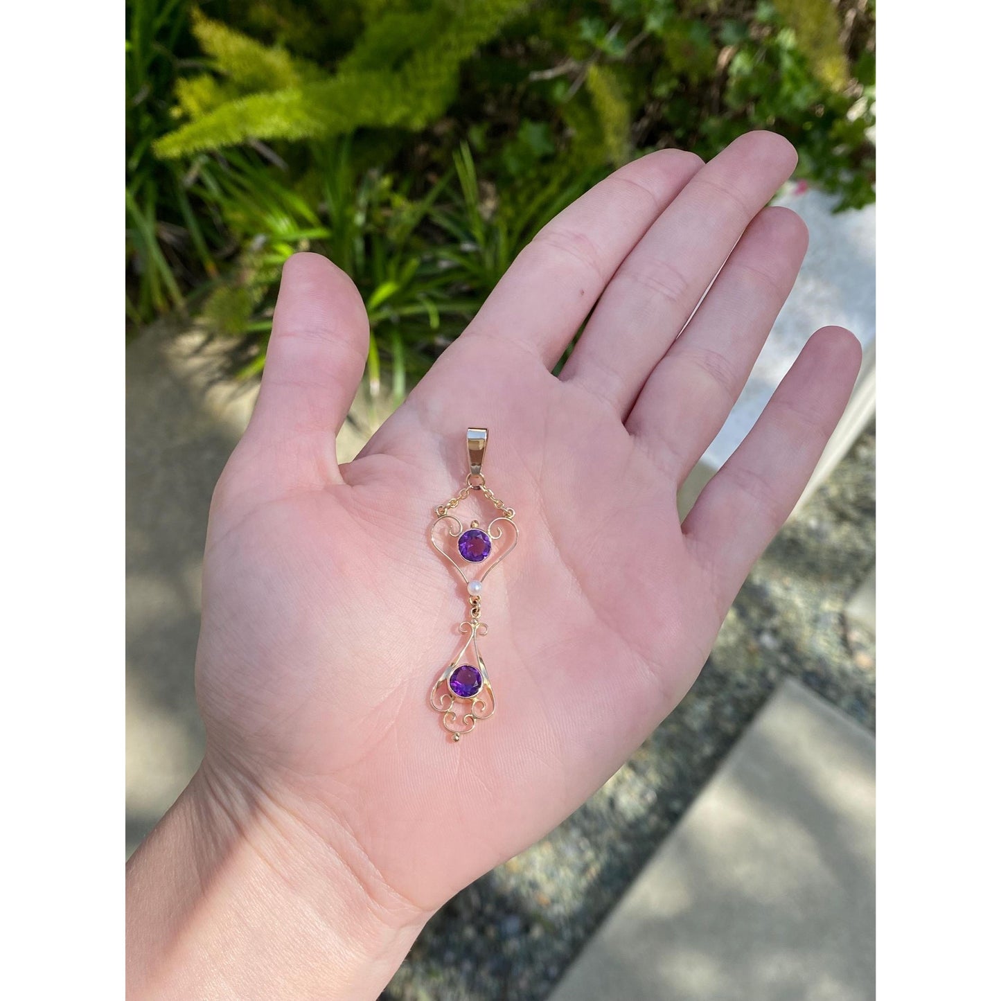 Vintage Solid 14k Yellow Gold Amethyst Pearl Dangle Charm