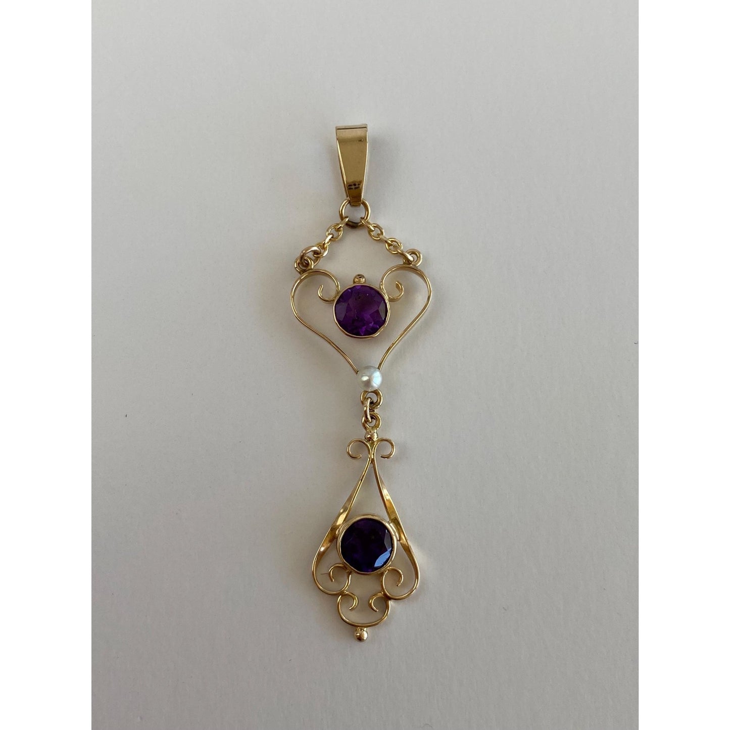 Vintage Solid 14k Yellow Gold Amethyst Pearl Dangle Charm