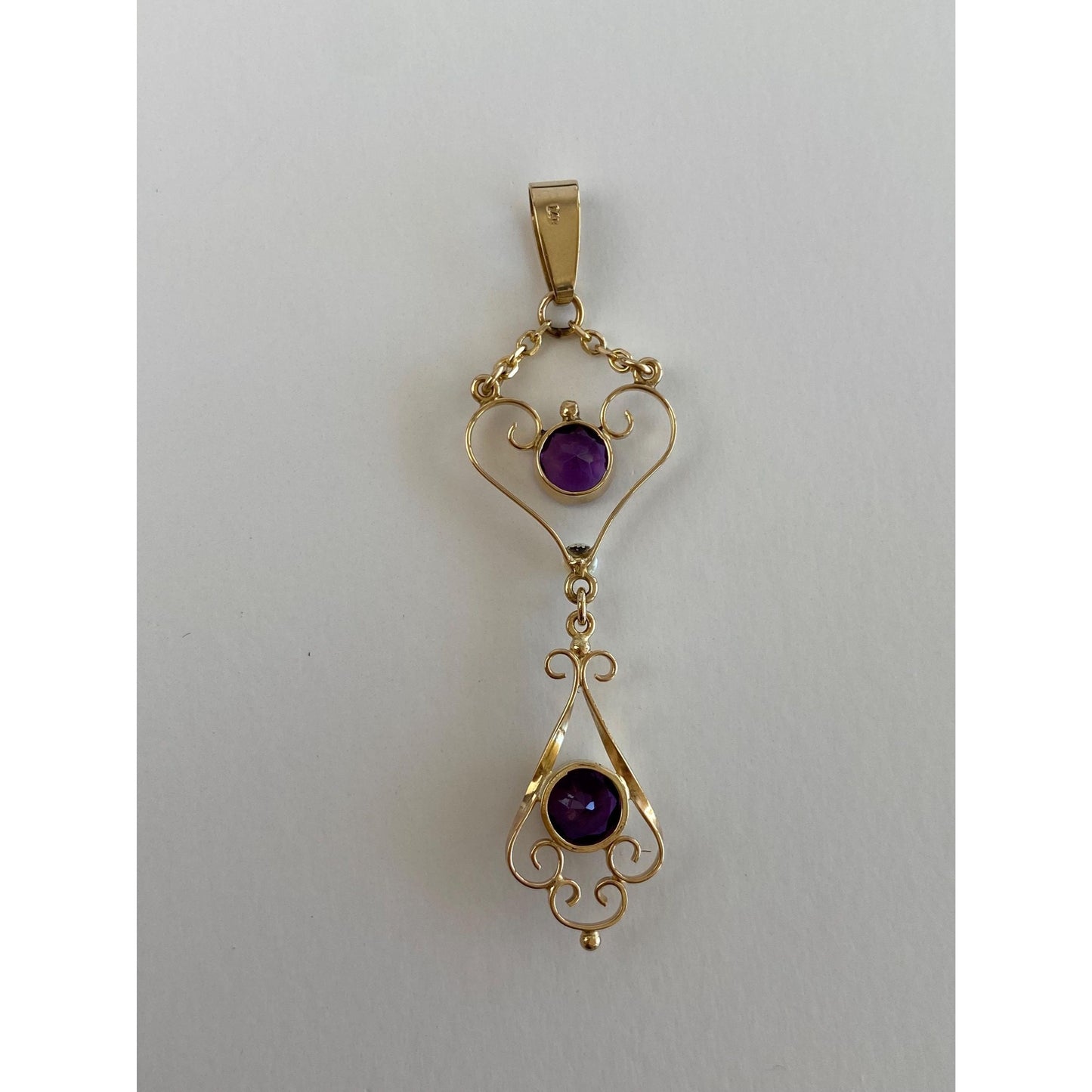 Vintage Solid 14k Yellow Gold Amethyst Pearl Dangle Charm