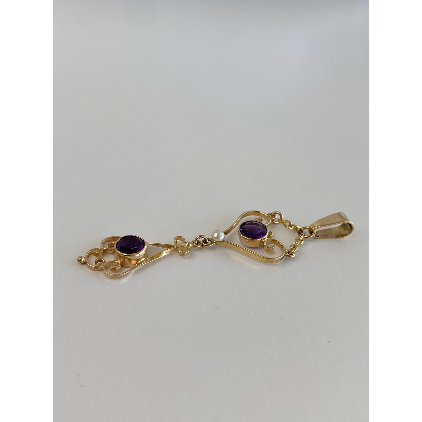 Vintage Solid 14k Yellow Gold Amethyst Pearl Dangle Charm