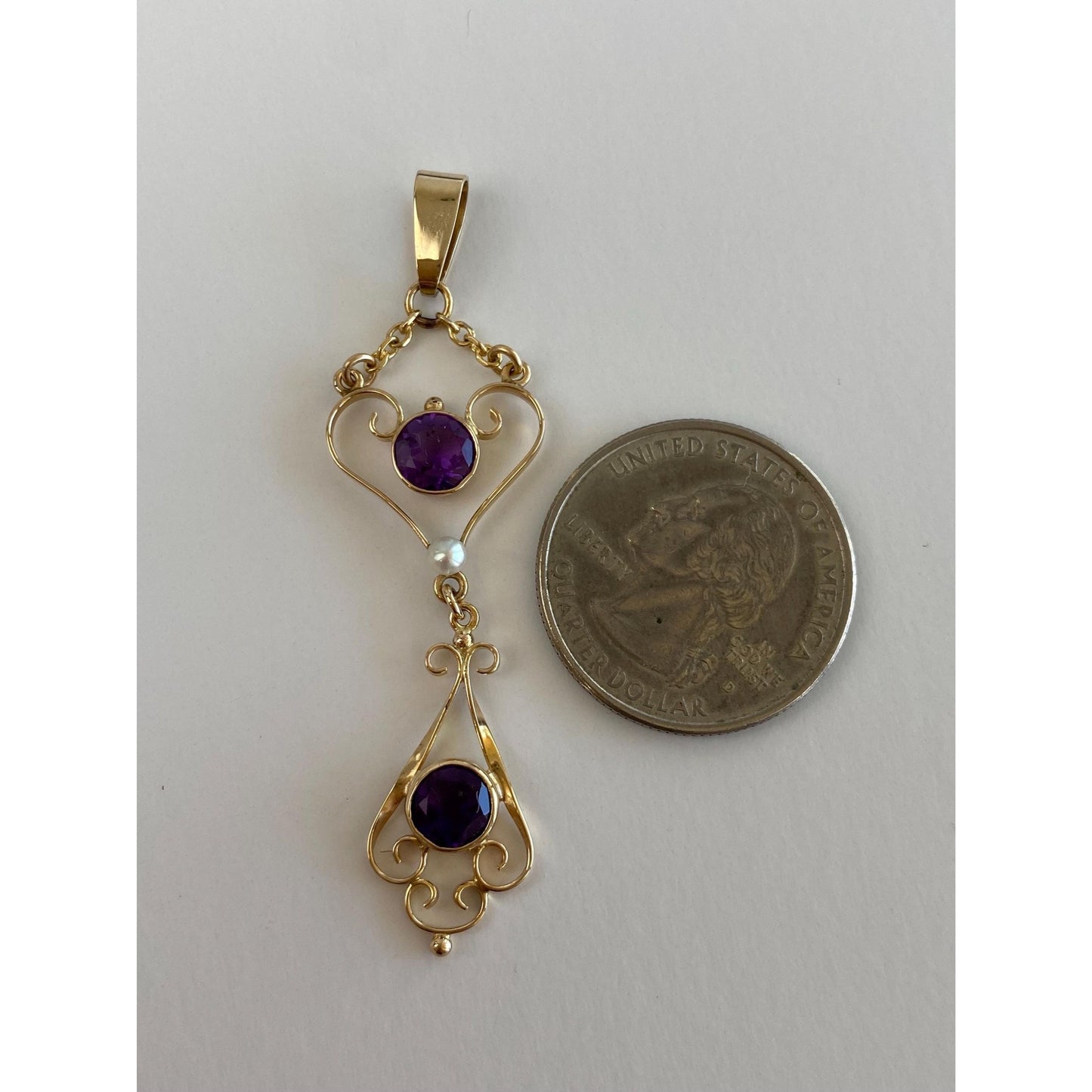 Vintage Solid 14k Yellow Gold Amethyst Pearl Dangle Charm