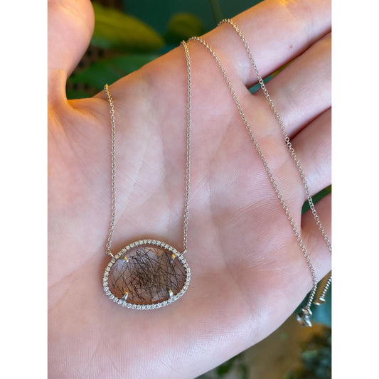 Solid 18k White Gold Diamond Halo Black Rutilated Quartz Tight Rolo Chain Necklace - 18 inches